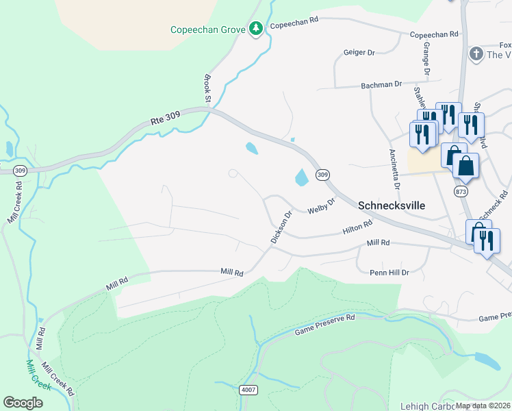 map of restaurants, bars, coffee shops, grocery stores, and more near 4848 T916 in Schnecksville