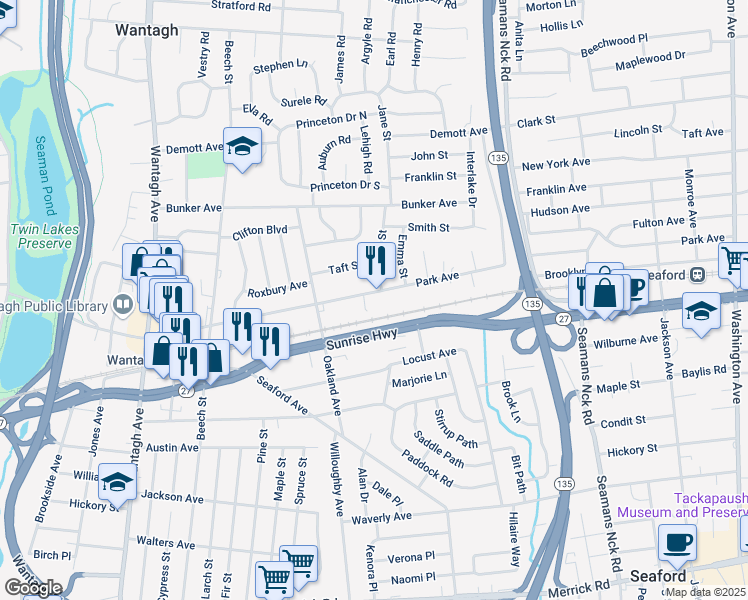 map of restaurants, bars, coffee shops, grocery stores, and more near 3570 Park Avenue in Wantagh