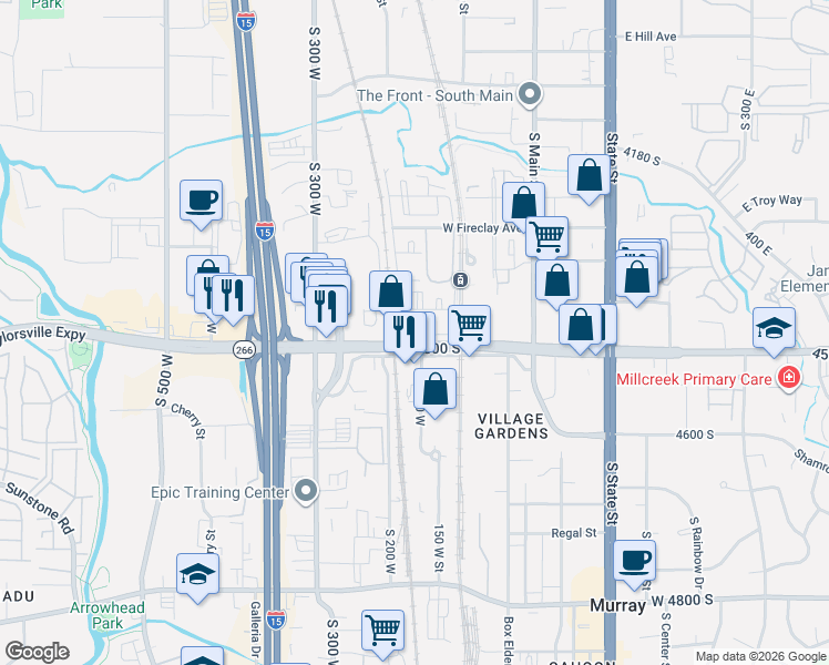 map of restaurants, bars, coffee shops, grocery stores, and more near 143 4450 South in Murray