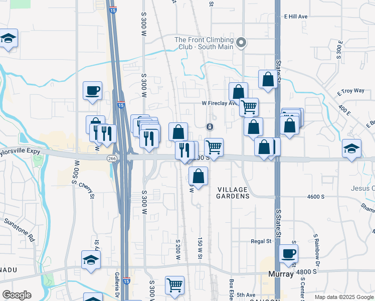 map of restaurants, bars, coffee shops, grocery stores, and more near 143 4450 South in Murray