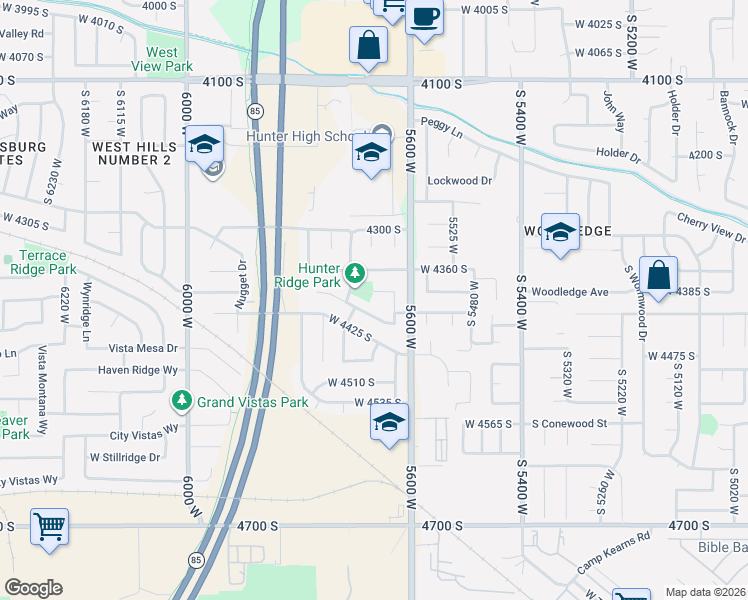 map of restaurants, bars, coffee shops, grocery stores, and more near 5648 Hunter Hollow Circle in West Valley City
