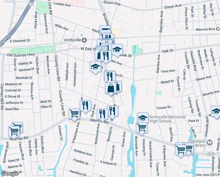 map of restaurants, bars, coffee shops, grocery stores, and more near 121 Park Avenue in Amityville