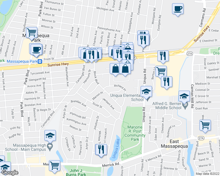 map of restaurants, bars, coffee shops, grocery stores, and more near 2 Jackson Avenue in Massapequa Park