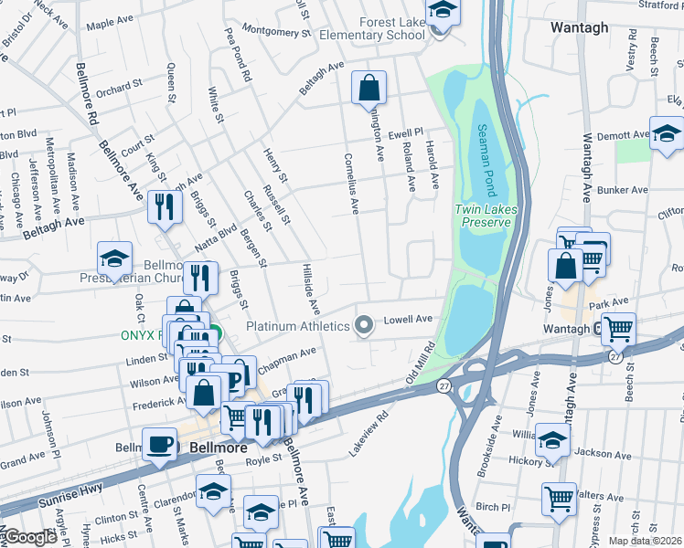 map of restaurants, bars, coffee shops, grocery stores, and more near 2974 Curtis Place in Wantagh