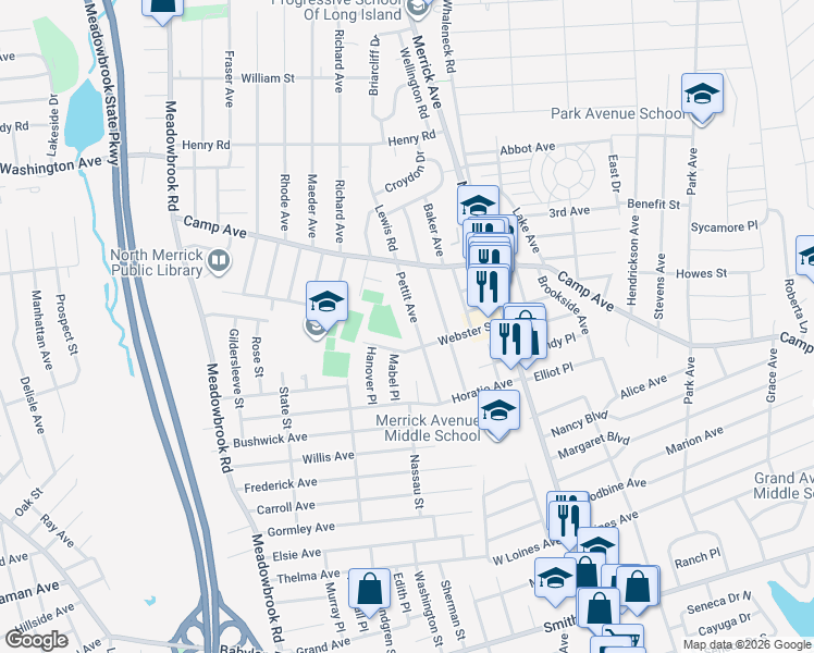 map of restaurants, bars, coffee shops, grocery stores, and more near 1732 Remson Avenue in Merrick