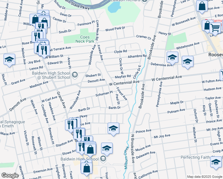 map of restaurants, bars, coffee shops, grocery stores, and more near 955 Demott Avenue in Baldwin