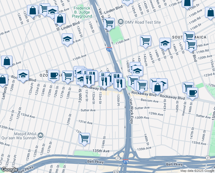 map of restaurants, bars, coffee shops, grocery stores, and more near 134-03 120th Avenue in Queens
