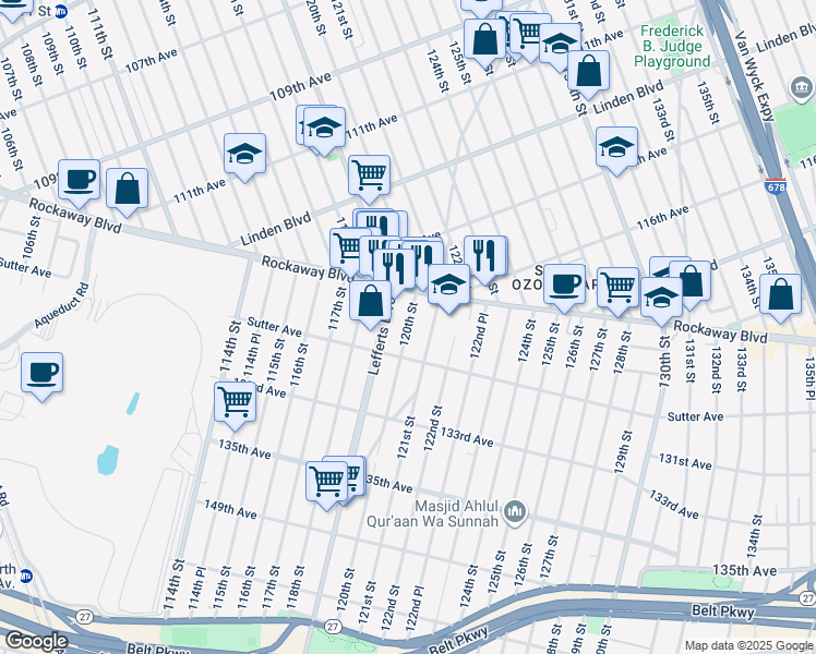 map of restaurants, bars, coffee shops, grocery stores, and more near 116-17 120th Street in Queens