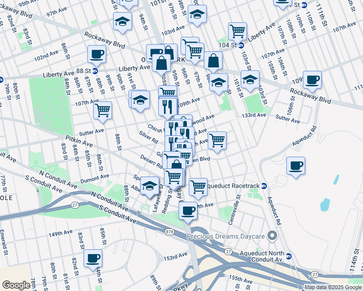 map of restaurants, bars, coffee shops, grocery stores, and more near 132-48 Cross Bay Boulevard in Queens