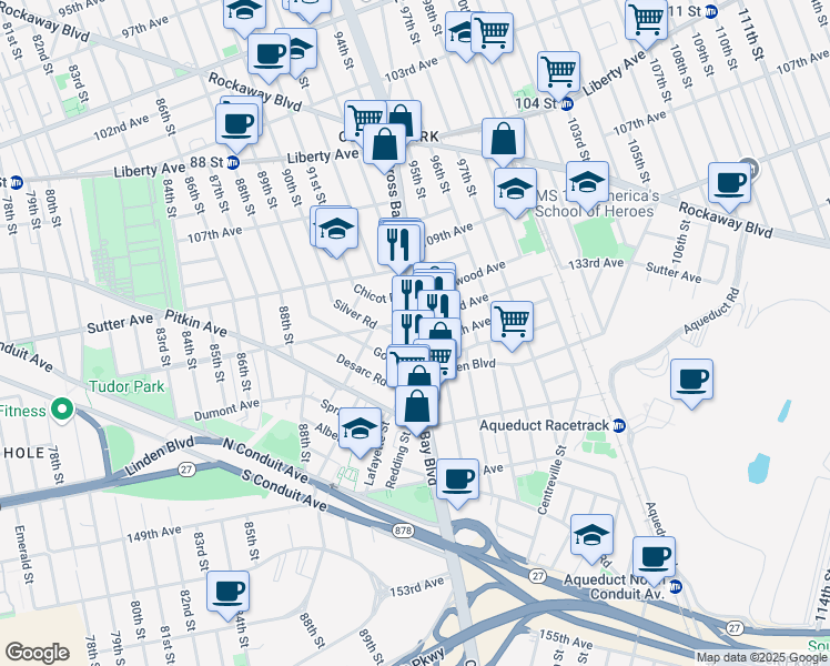 map of restaurants, bars, coffee shops, grocery stores, and more near 132-48 Cross Bay Boulevard in Queens