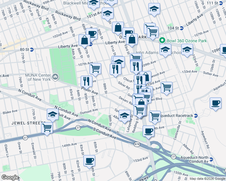 map of restaurants, bars, coffee shops, grocery stores, and more near 132-24 89th Street in Queens