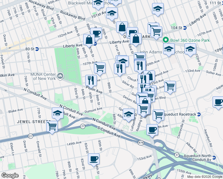 map of restaurants, bars, coffee shops, grocery stores, and more near 132-24 89th Street in Queens