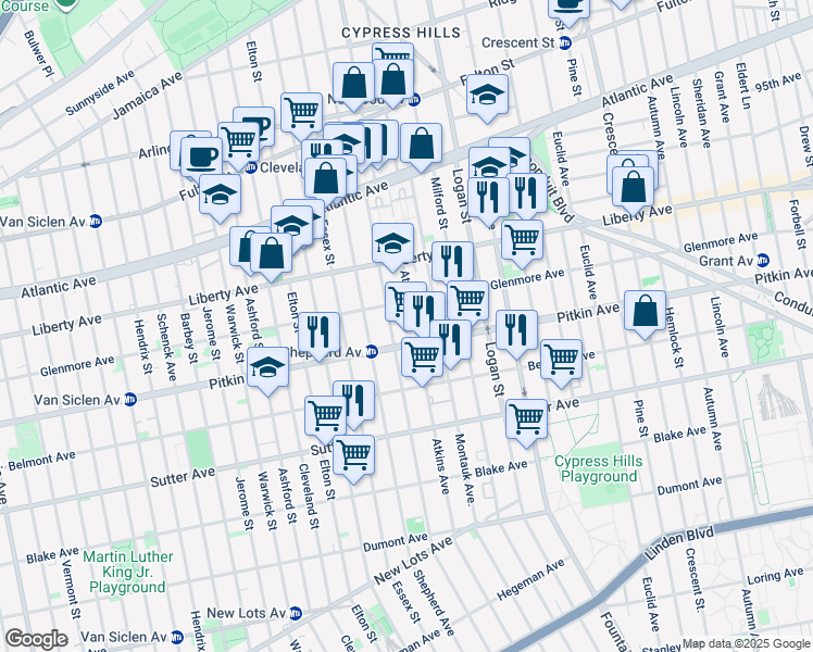 map of restaurants, bars, coffee shops, grocery stores, and more near 836 Glenmore Avenue in Brooklyn