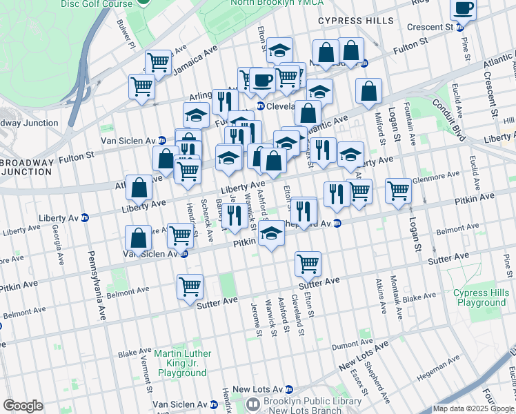 map of restaurants, bars, coffee shops, grocery stores, and more near 283 Ashford Street in Brooklyn