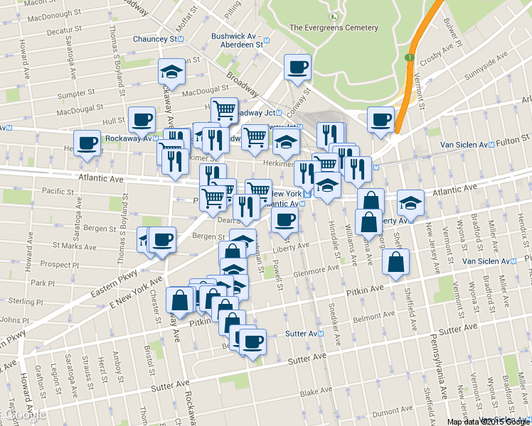 map of restaurants, bars, coffee shops, grocery stores, and more near 2435 Pacific Street in Brooklyn