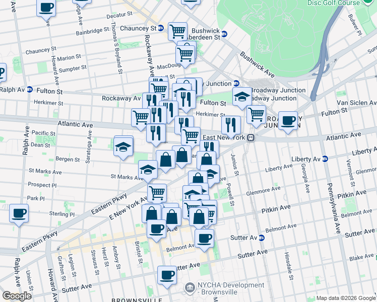map of restaurants, bars, coffee shops, grocery stores, and more near 2397 Dean Street in Brooklyn