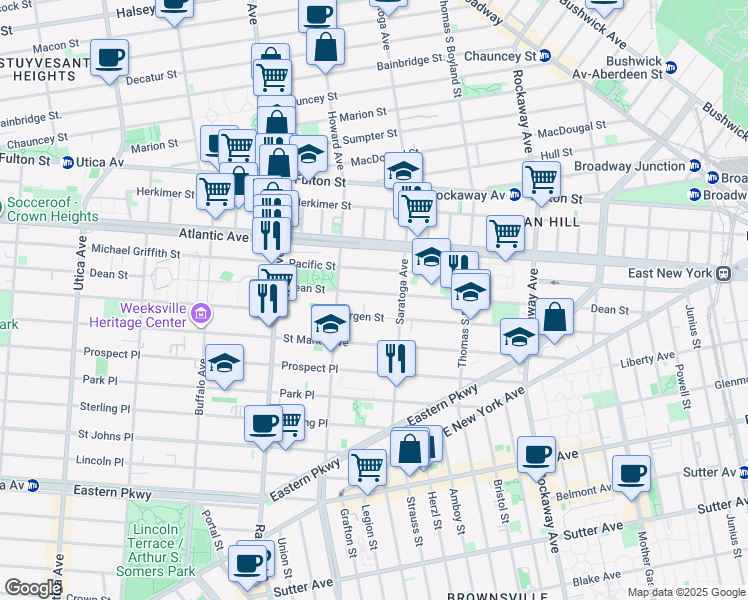map of restaurants, bars, coffee shops, grocery stores, and more near 2083 Dean Street in Brooklyn