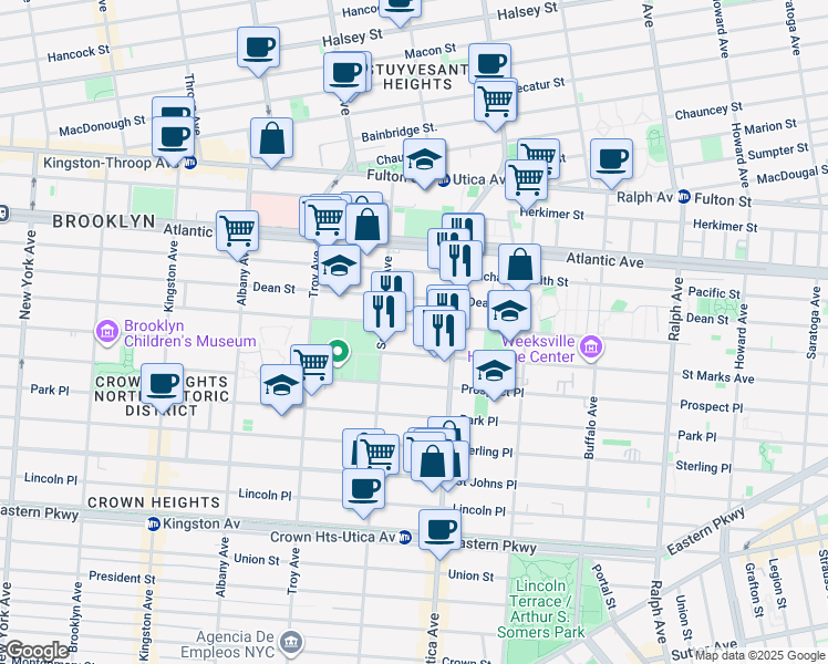 map of restaurants, bars, coffee shops, grocery stores, and more near 1694 Dean Street in Brooklyn