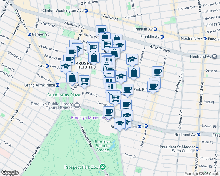 map of restaurants, bars, coffee shops, grocery stores, and more near 748 Washington Avenue in Brooklyn