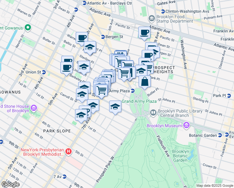 map of restaurants, bars, coffee shops, grocery stores, and more near 232 Saint Johns Place in Brooklyn