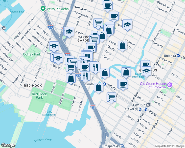map of restaurants, bars, coffee shops, grocery stores, and more near 489 Court Street in Brooklyn