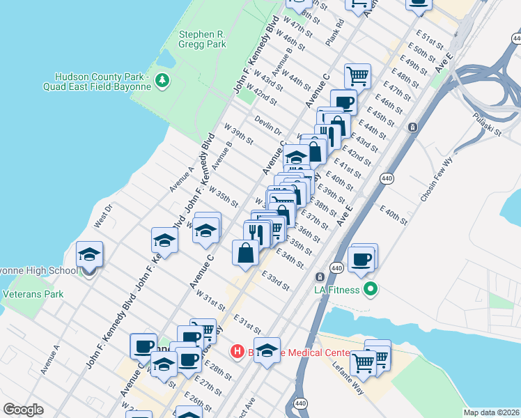 map of restaurants, bars, coffee shops, grocery stores, and more near 36 West 37th Street in Bayonne