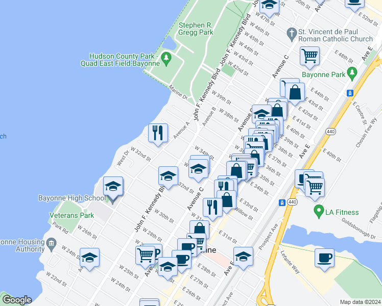 map of restaurants, bars, coffee shops, grocery stores, and more near 884 John F. Kennedy Boulevard in Weehawken