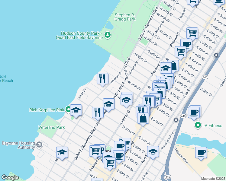 map of restaurants, bars, coffee shops, grocery stores, and more near 794 Avenue A in Bayonne