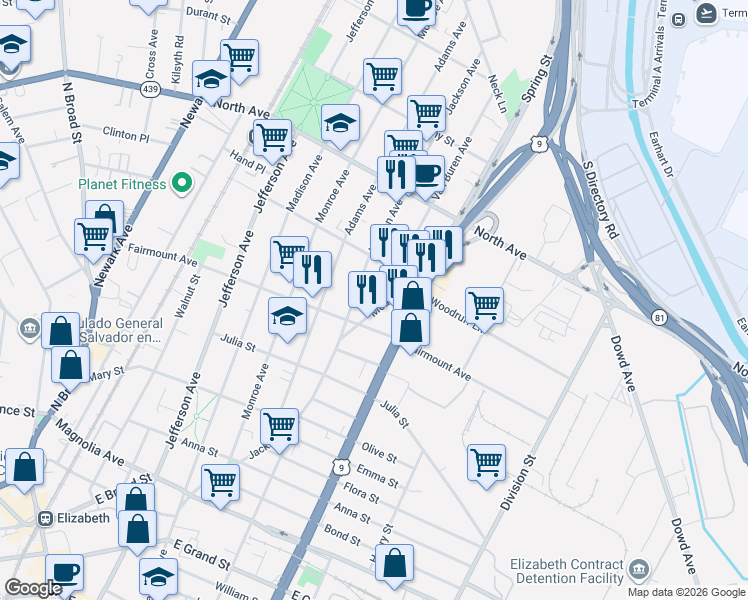 map of restaurants, bars, coffee shops, grocery stores, and more near 650 Van Buren Avenue in Elizabeth