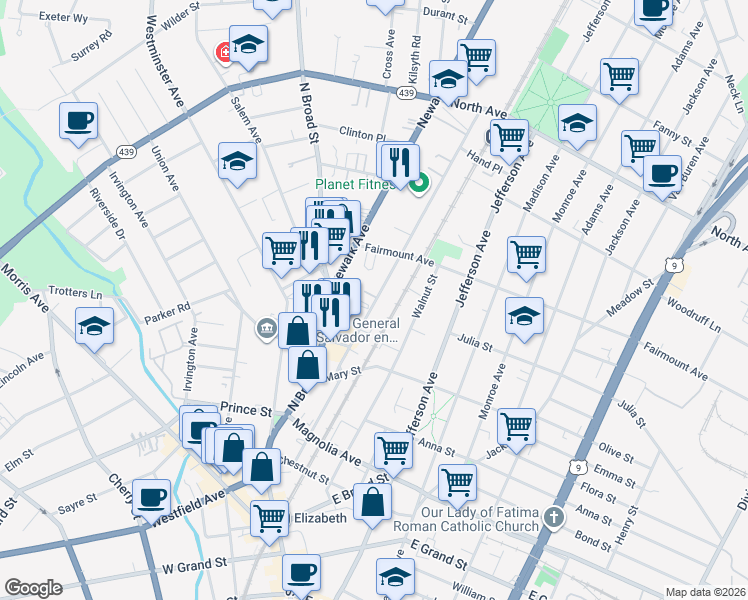 map of restaurants, bars, coffee shops, grocery stores, and more near 578 Pennsylvania Avenue in Elizabeth