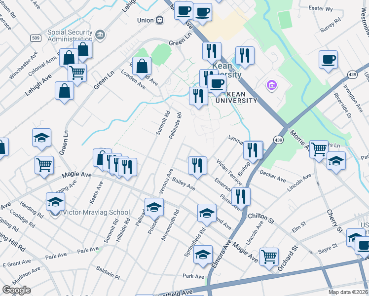 map of restaurants, bars, coffee shops, grocery stores, and more near 450 Verona Avenue in Elizabeth