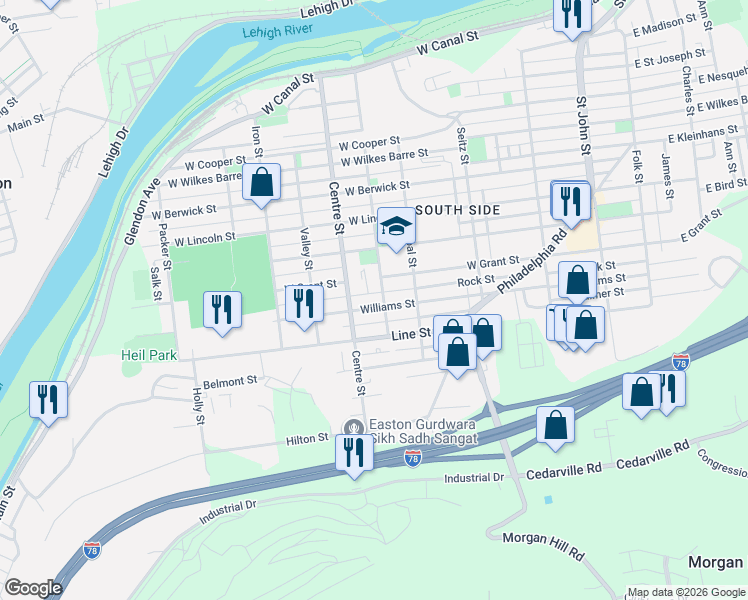 map of restaurants, bars, coffee shops, grocery stores, and more near 802 Reynolds Street in Easton