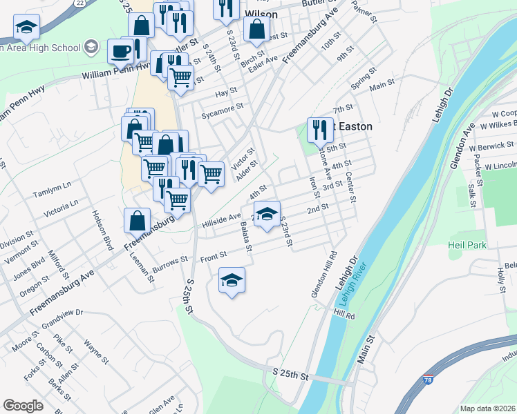 map of restaurants, bars, coffee shops, grocery stores, and more near 2311 3rd Street in Easton