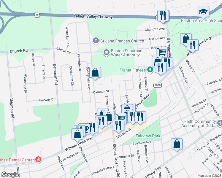 map of restaurants, bars, coffee shops, grocery stores, and more near 350 Stones Crossing Road in Easton
