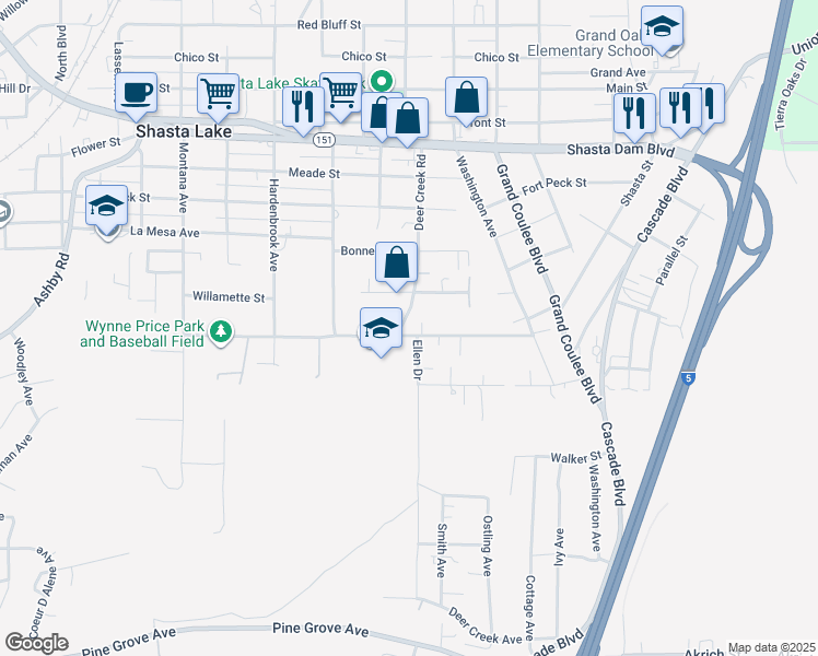 map of restaurants, bars, coffee shops, grocery stores, and more near 2095 Deer Creek Road in Shasta Lake