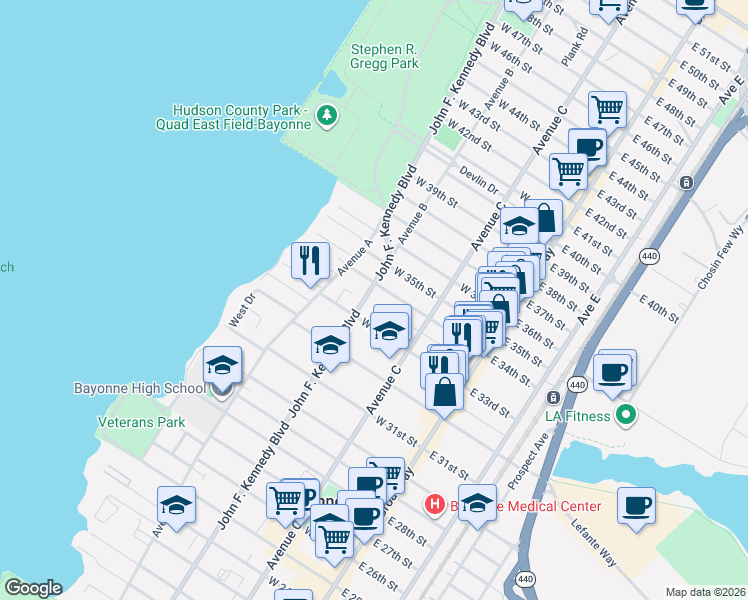 map of restaurants, bars, coffee shops, grocery stores, and more near 864 John F. Kennedy Boulevard in Bayonne