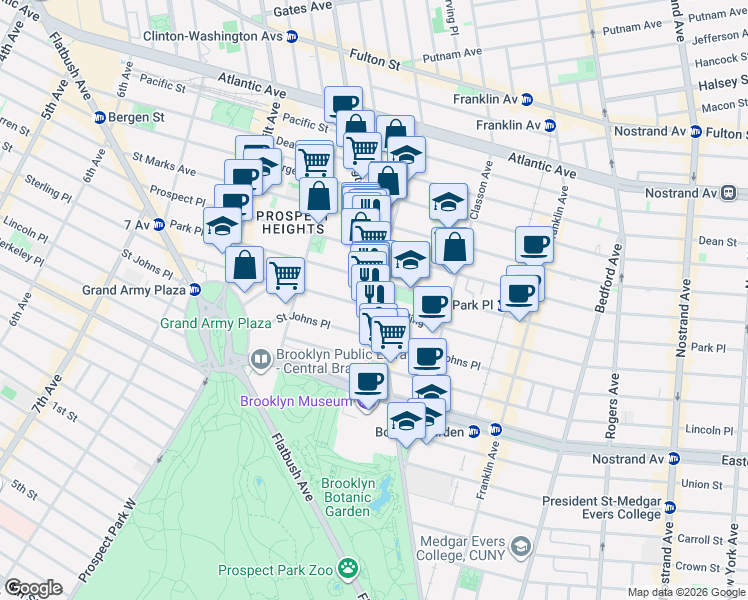 map of restaurants, bars, coffee shops, grocery stores, and more near 748 Washington Avenue in Brooklyn