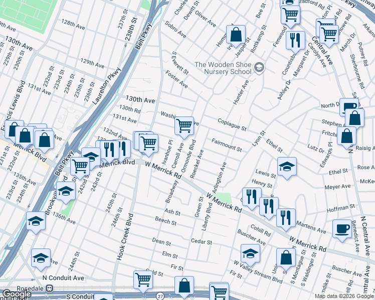 map of restaurants, bars, coffee shops, grocery stores, and more near 81 Carroll Avenue in Valley Stream