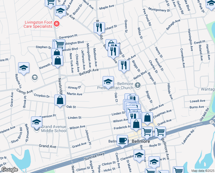 map of restaurants, bars, coffee shops, grocery stores, and more near 2627 Natta Boulevard in Bellmore
