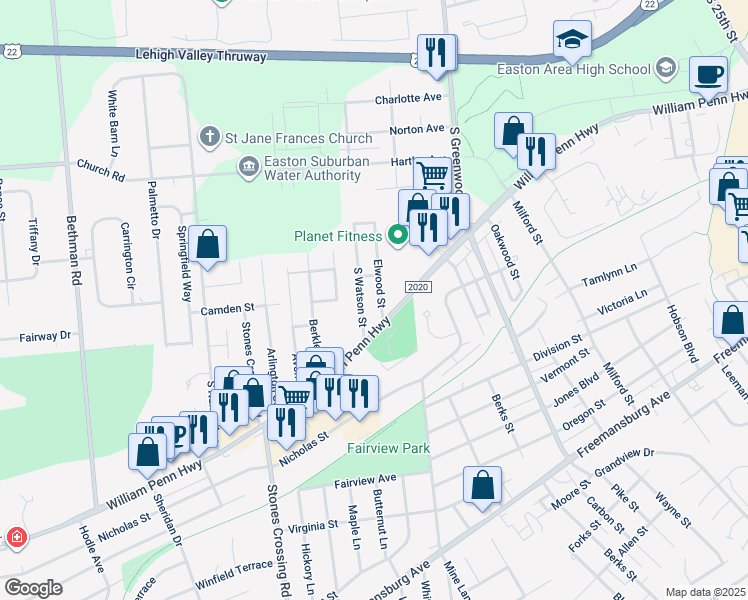map of restaurants, bars, coffee shops, grocery stores, and more near 412 Elwood Street in Easton
