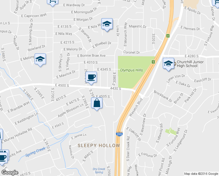 map of restaurants, bars, coffee shops, grocery stores, and more near 3040 East 4430 South in Holladay
