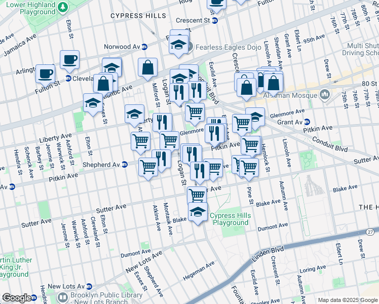 map of restaurants, bars, coffee shops, grocery stores, and more near Pitkin Ave & Fountain Ave in Brooklyn