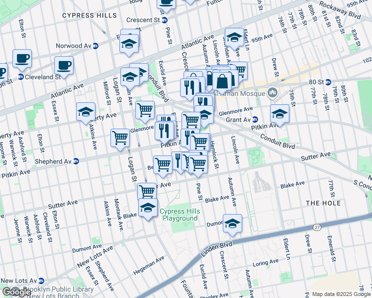 map of restaurants, bars, coffee shops, grocery stores, and more near 165 Erasmus Street in Brooklyn