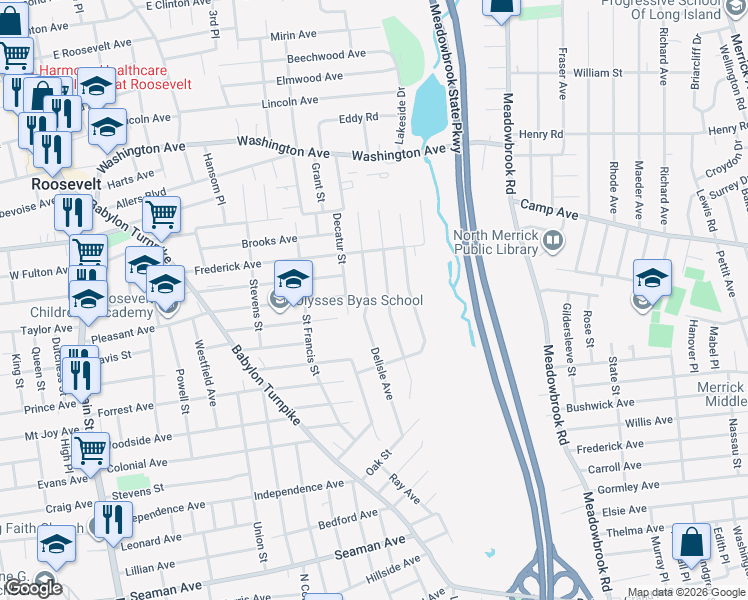 map of restaurants, bars, coffee shops, grocery stores, and more near 19 Bainbridge Street in Roosevelt
