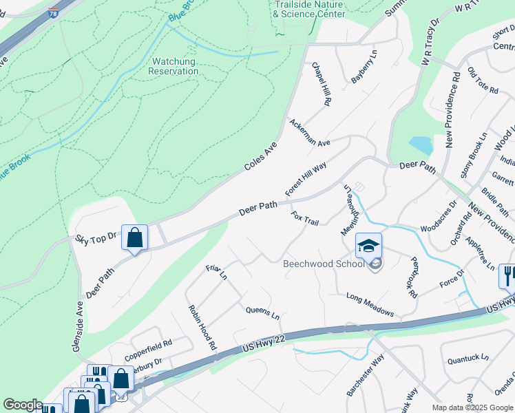 map of restaurants, bars, coffee shops, grocery stores, and more near Deer Path in Mountainside