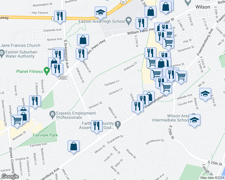 map of restaurants, bars, coffee shops, grocery stores, and more near 2743 Victoria Lane in Easton