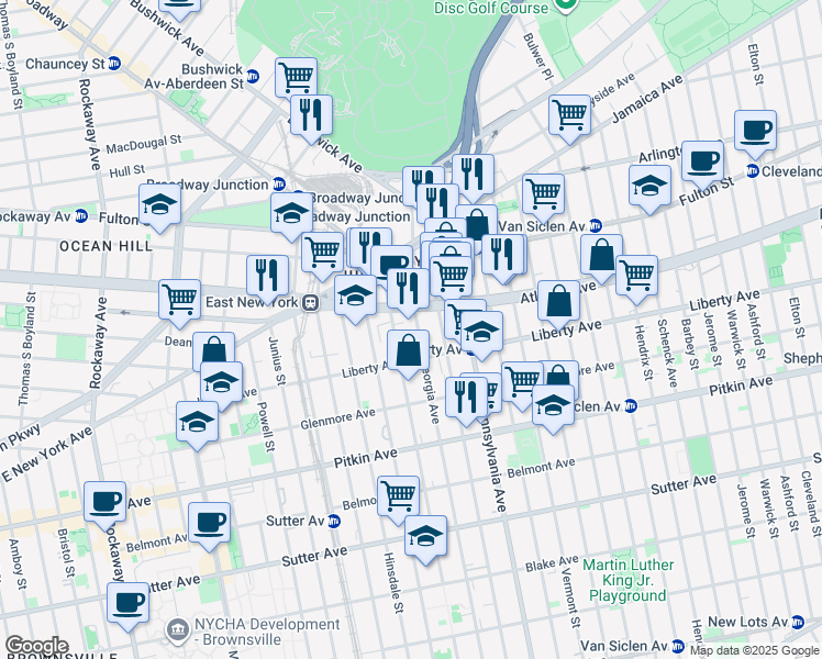 map of restaurants, bars, coffee shops, grocery stores, and more near 2582 Atlantic Avenue in Brooklyn