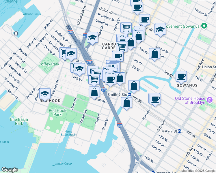 map of restaurants, bars, coffee shops, grocery stores, and more near 519 Court Street in Brooklyn