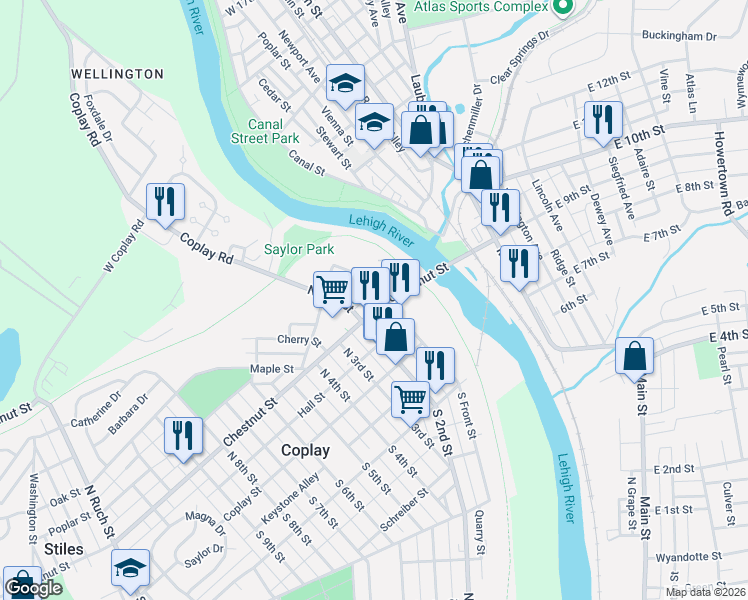map of restaurants, bars, coffee shops, grocery stores, and more near 111 North Front Street in Coplay