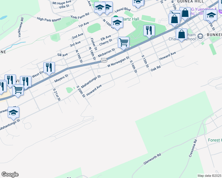 map of restaurants, bars, coffee shops, grocery stores, and more near 1815 Oak Road in Pottsville